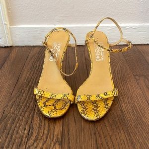 Salvatore Ferragamo yellow snakeskin strapped kitten heels
